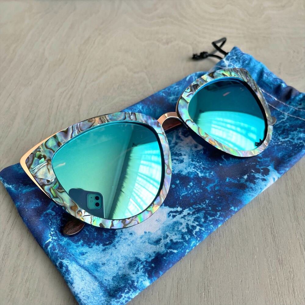 SLYK SHADES Bombshell Abalone & Wood Sunglasses Ice Blue Mirror Polarized Lenses - Picture 2 of 11